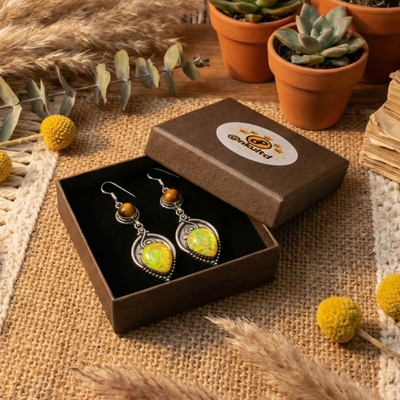 S925 Silver Tiger's Eye Triplet Opal Earrings 2.8" Handcrafted Boho Artisan Drop - Picture 5 of 16